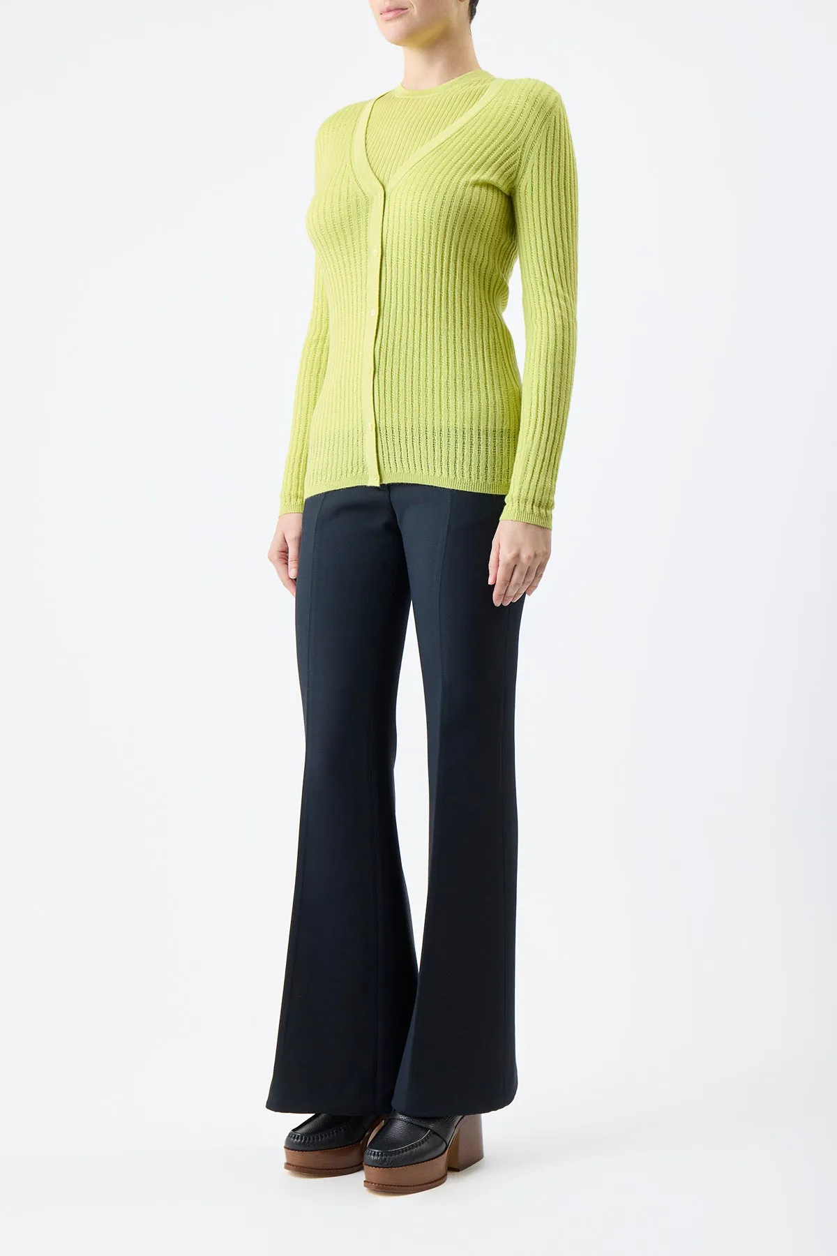 Emma Pointelle Knit Cardigan in Lime Adamite Cashmere Silk