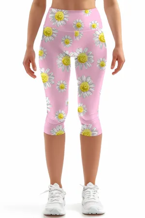 Enchanting Daisy Ellie Blush Pink Floral Yoga Capri Leggings - Women