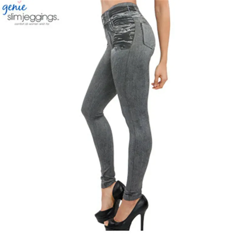 Fitness Fake Pockets High Waist Leggings Faux Denim Jeans Sexy Elastic Jeggings Soft Casual Thin Pencil Pants