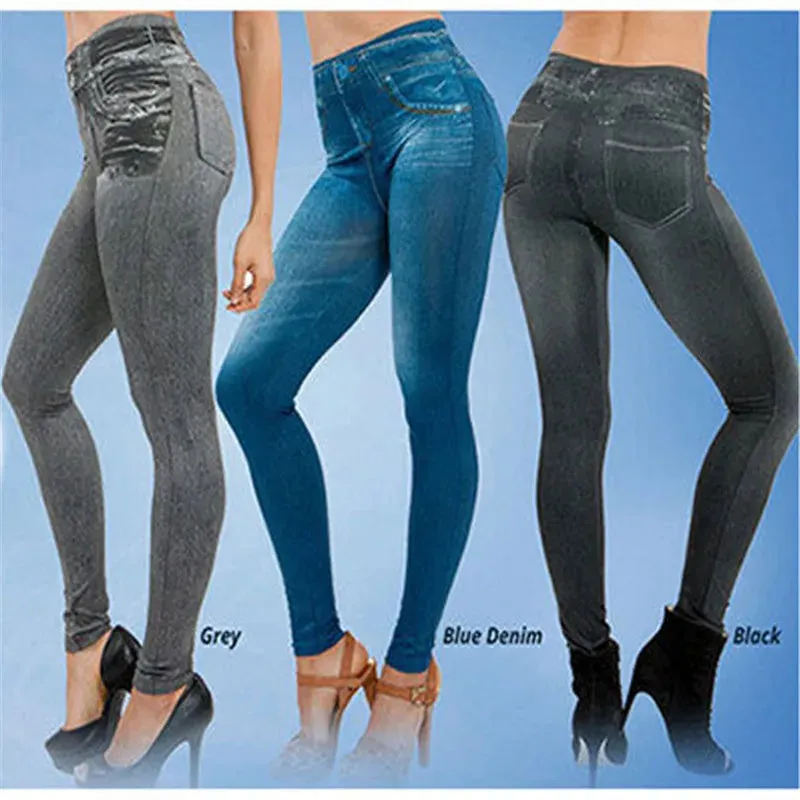 Fitness Fake Pockets High Waist Leggings Faux Denim Jeans Sexy Elastic Jeggings Soft Casual Thin Pencil Pants