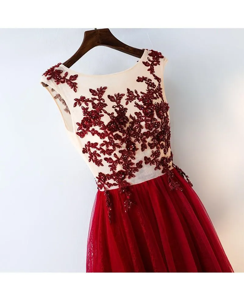 Formal Red Sequined Tulle Prom Dress Long With Lace PG632