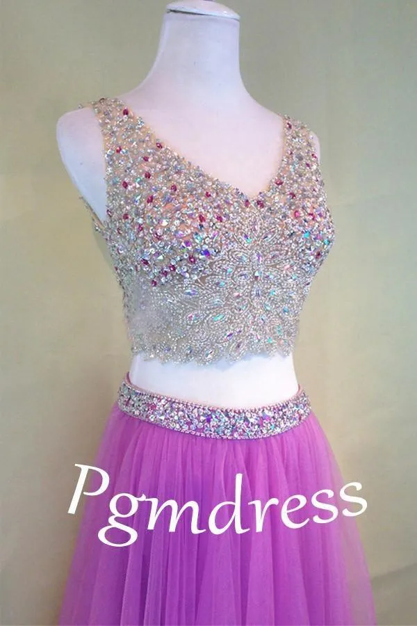 Fuchsia Pink Two-Piece Fashion Beaded V-Neck Tulle Prom Dress PG381