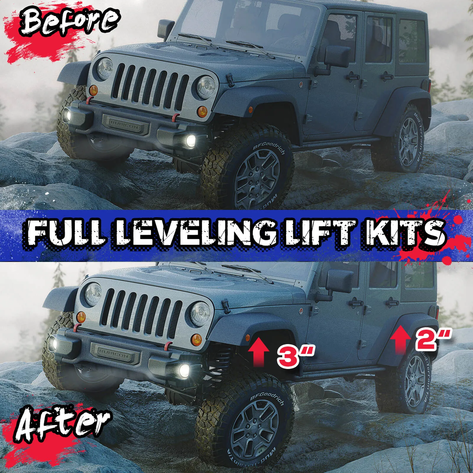 Full Leveling Lift Kits for 2007-2018 Jeep Wrangler JK with shock extenders 3 inch Front and 3 inch rear lift