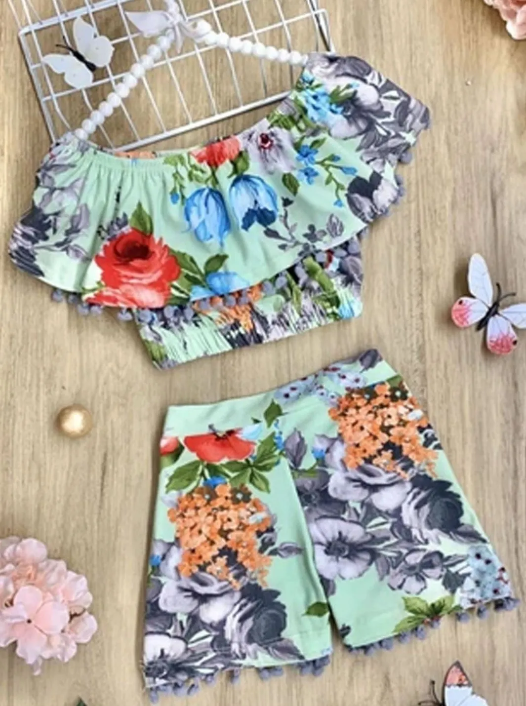 Girl A Budding Love Floral Pom Pom Ruffle Top and Shorts Set