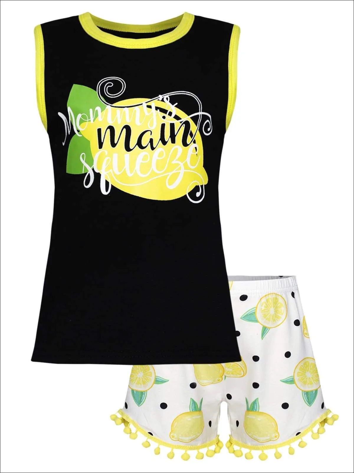 Girls "Mommy's Main Squeeze" Tank & Polka Dot Lemon Print Pom Pom Shorts Set