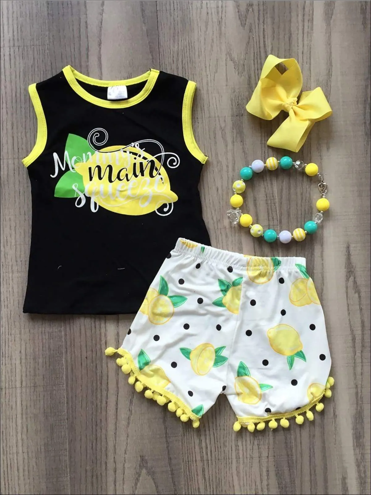 Girls "Mommy's Main Squeeze" Tank & Polka Dot Lemon Print Pom Pom Shorts Set