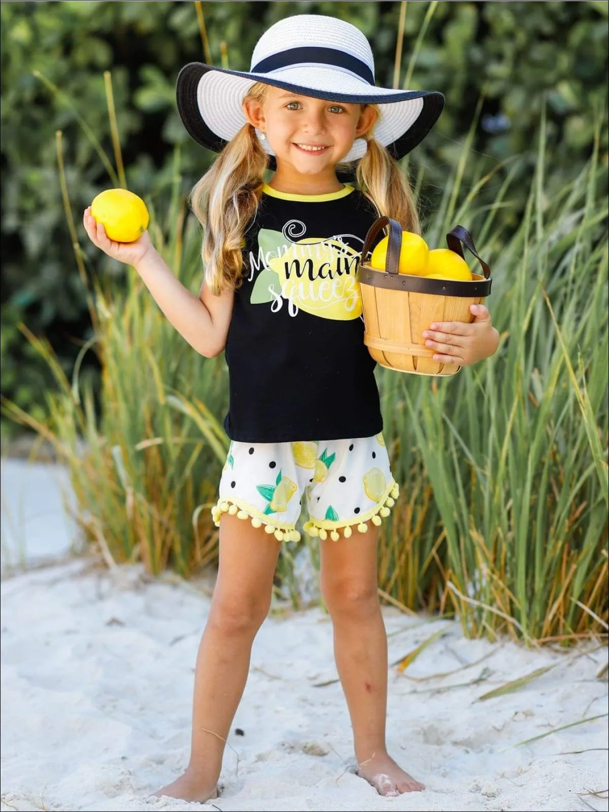 Girls "Mommy's Main Squeeze" Tank & Polka Dot Lemon Print Pom Pom Shorts Set