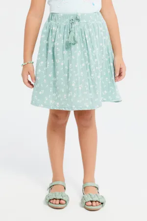 Girls Teal Printed Skirt