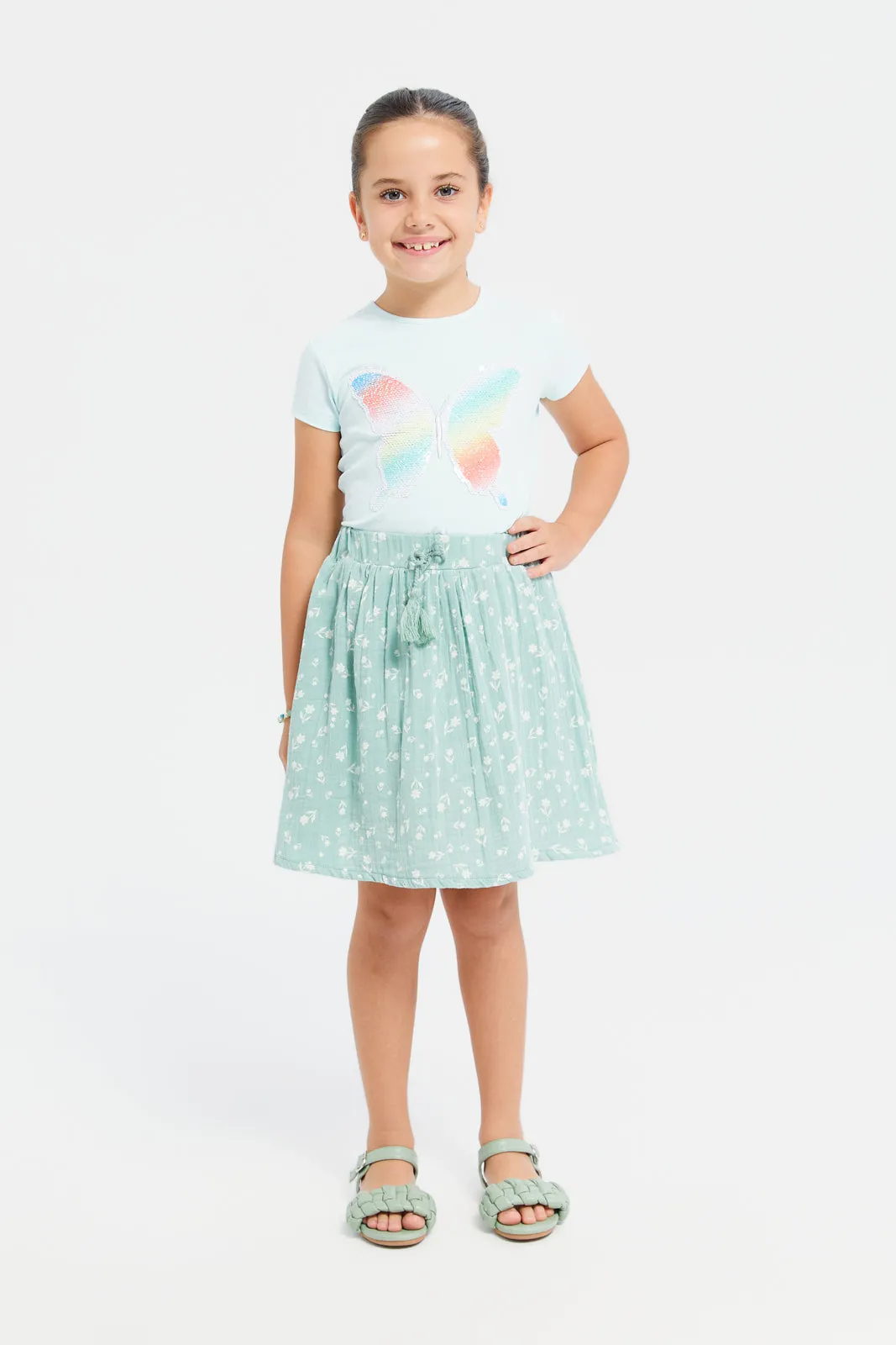 Girls Teal Printed Skirt