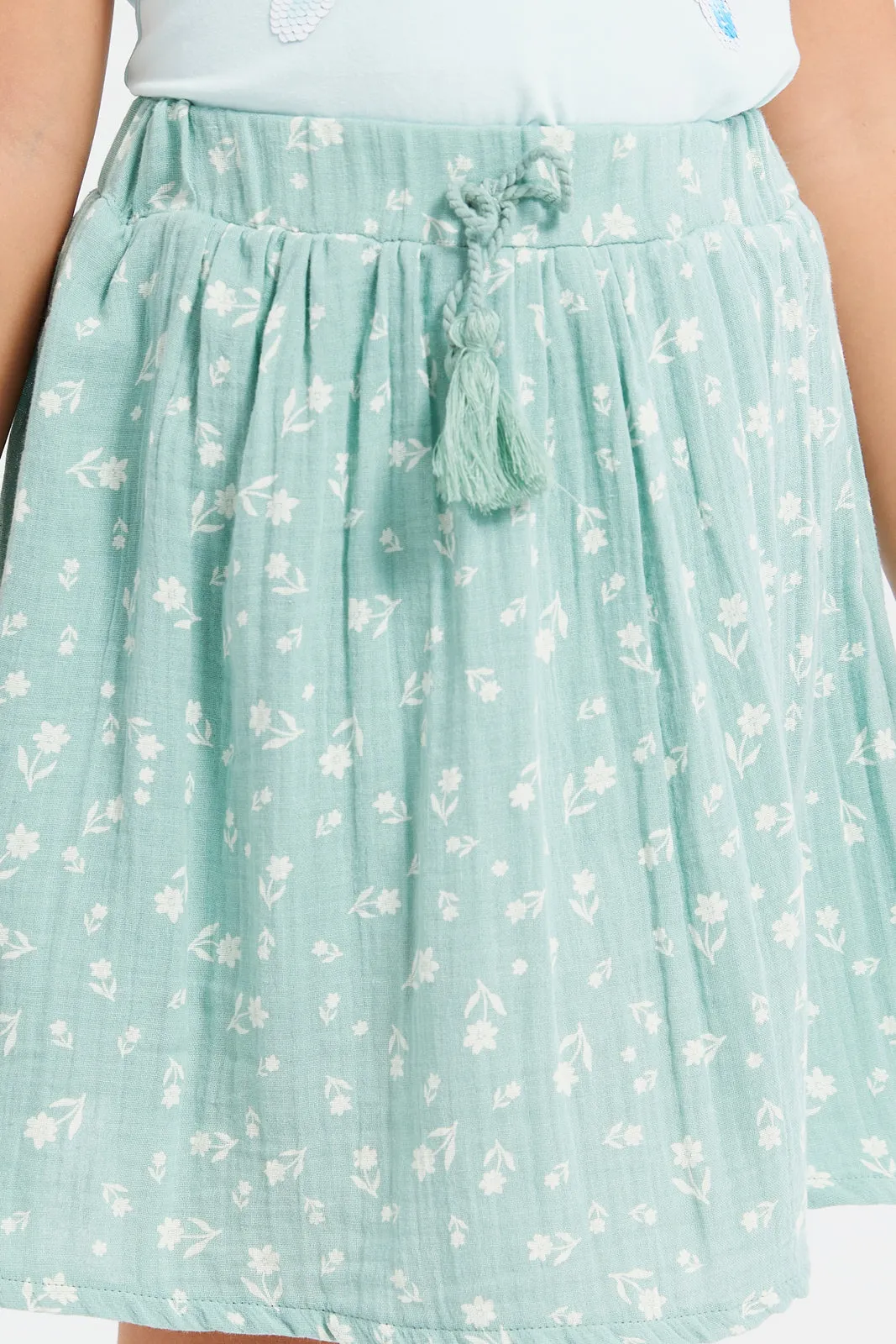 Girls Teal Printed Skirt