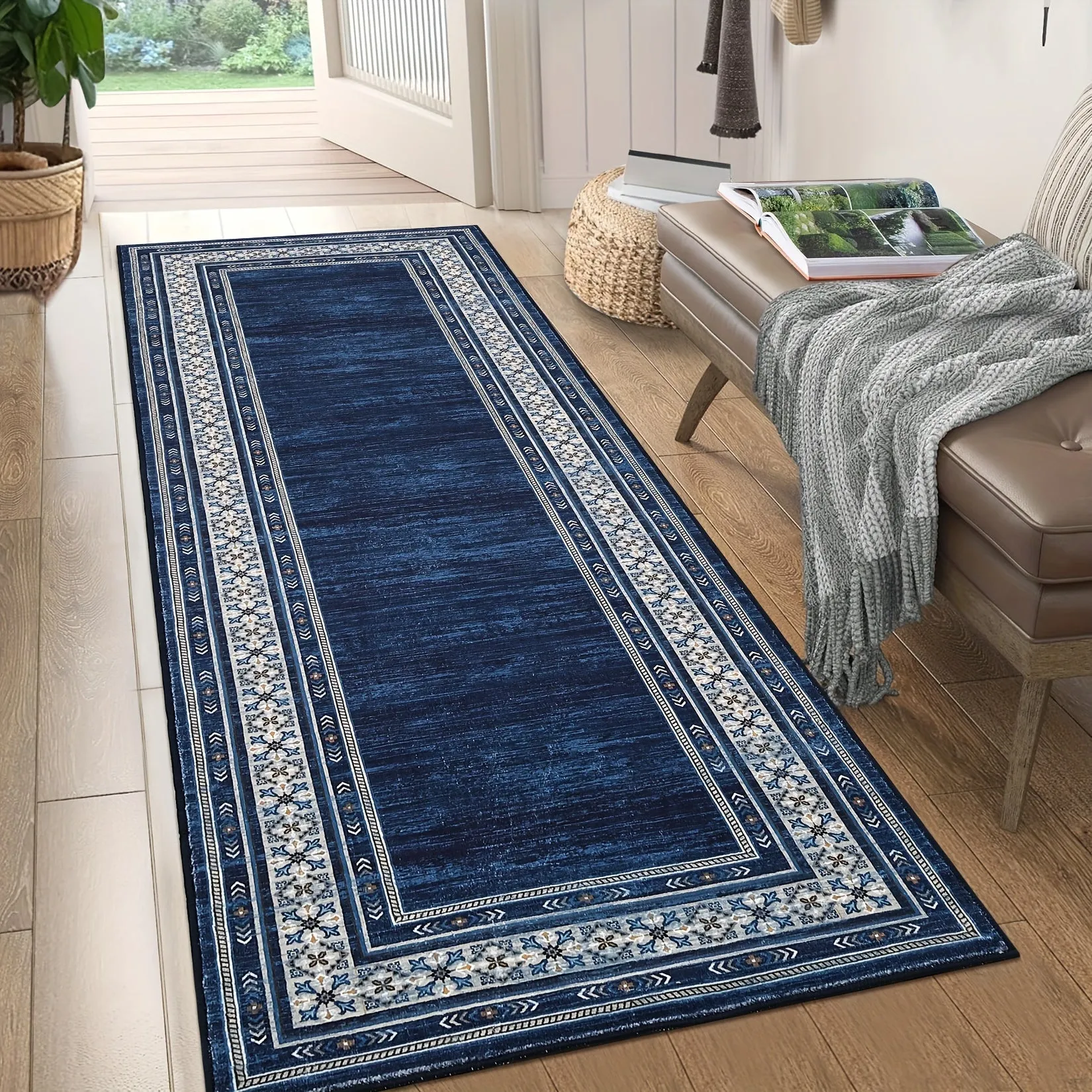 GlowSol 1PC Machine Washable Soft Carpet For Living Room Bedroom Kitchen Ultra-Thin Modern Geometric Border Printing Rugs Indoor Stain Resistant Non-Slip Rug Low Pile Foldable Carpet Simple Neutral Blue Area Rug Office Farmhouse Decor