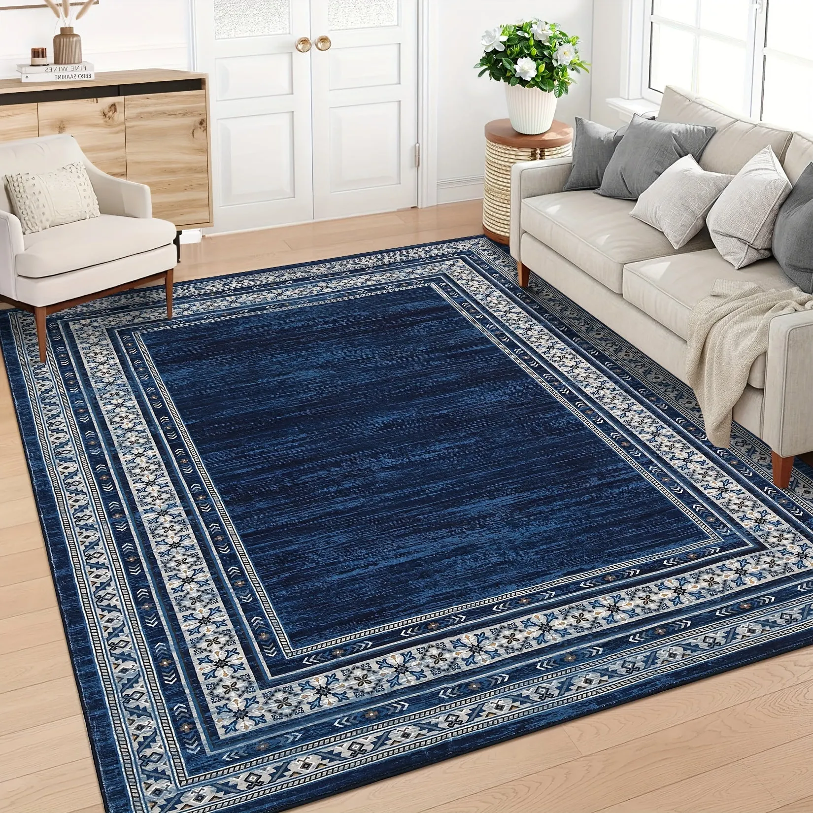 GlowSol 1PC Machine Washable Soft Carpet For Living Room Bedroom Kitchen Ultra-Thin Modern Geometric Border Printing Rugs Indoor Stain Resistant Non-Slip Rug Low Pile Foldable Carpet Simple Neutral Blue Area Rug Office Farmhouse Decor