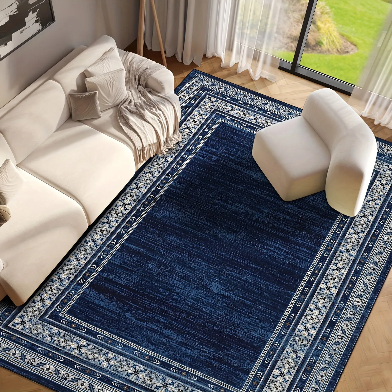 GlowSol 1PC Machine Washable Soft Carpet For Living Room Bedroom Kitchen Ultra-Thin Modern Geometric Border Printing Rugs Indoor Stain Resistant Non-Slip Rug Low Pile Foldable Carpet Simple Neutral Blue Area Rug Office Farmhouse Decor