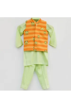 Green Kurta With Orange Frog Printed Jacket Set