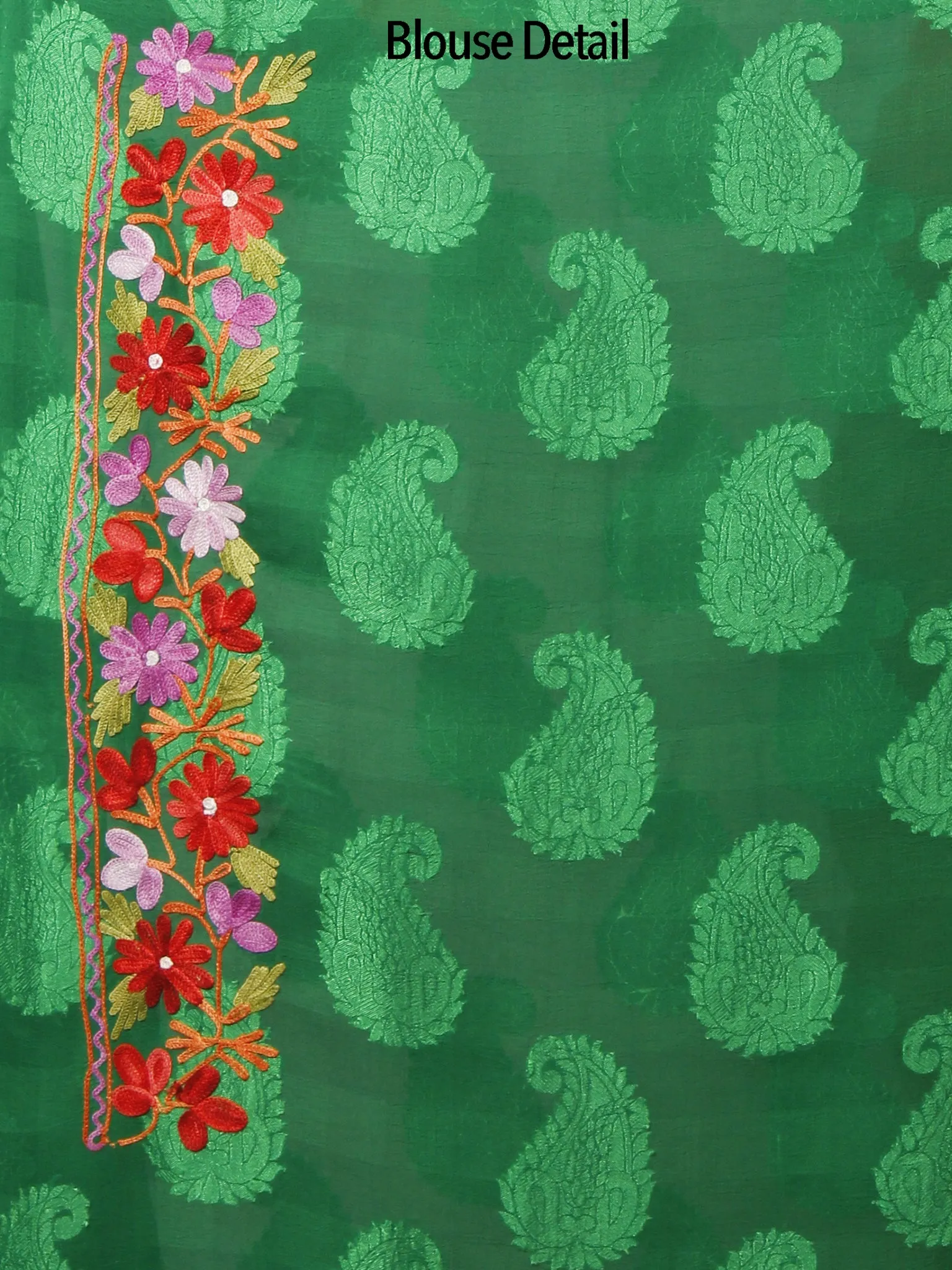 Green Lavender Red Aari Embroidered Chiffon Saree With Paisley Self From Kashmir  - S031702144