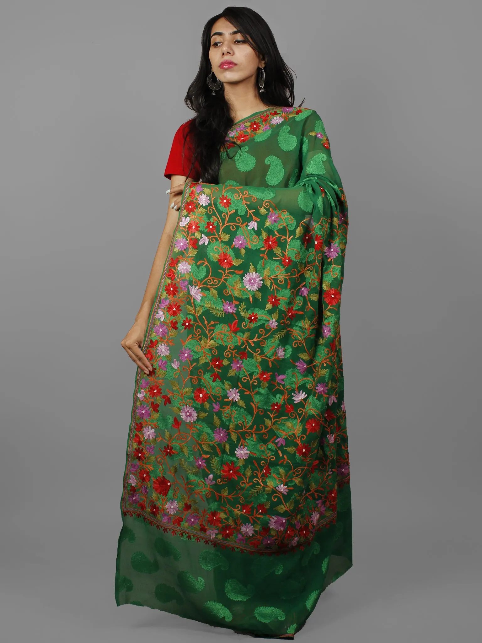 Green Lavender Red Aari Embroidered Chiffon Saree With Paisley Self From Kashmir  - S031702144