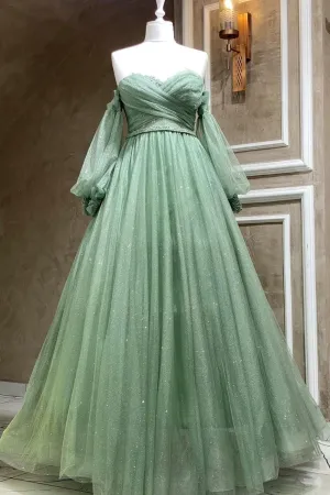 Green Tulle Long Sleeve Prom Dress A-Line Off the Shoulder Evening Dress