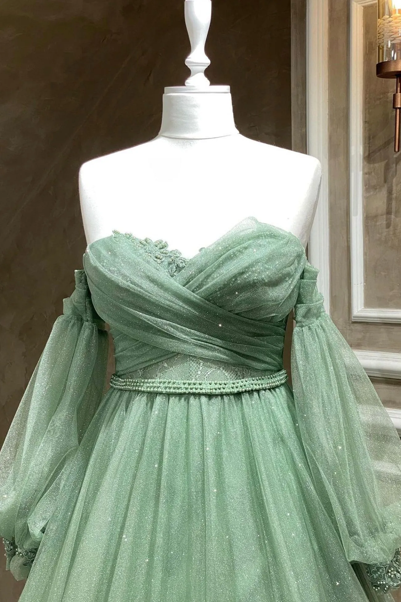 Green Tulle Long Sleeve Prom Dress A-Line Off the Shoulder Evening Dress