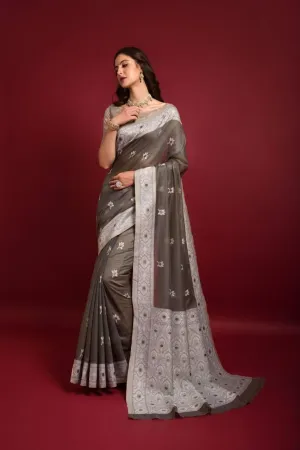 Grey Floral Lucknowi Chikankari  Saree