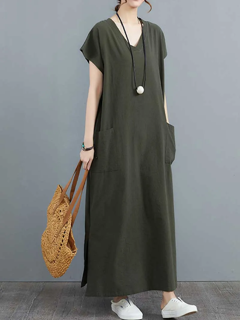 Hemp Material Plain Short Sleeves With Double Side Pocket A-Line Dress