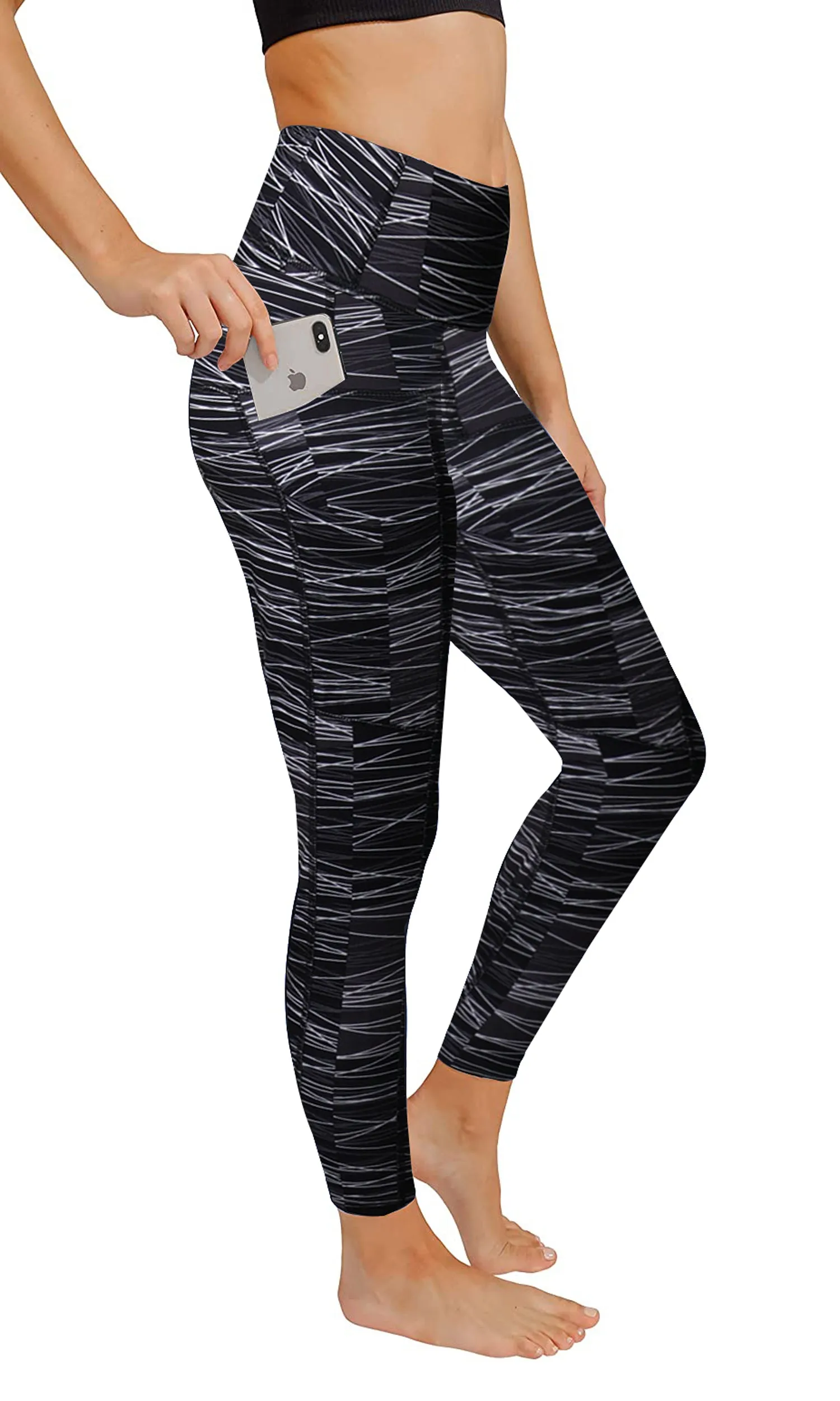 High waist tummy control legging with 3 Pockets in Dark Grey Print