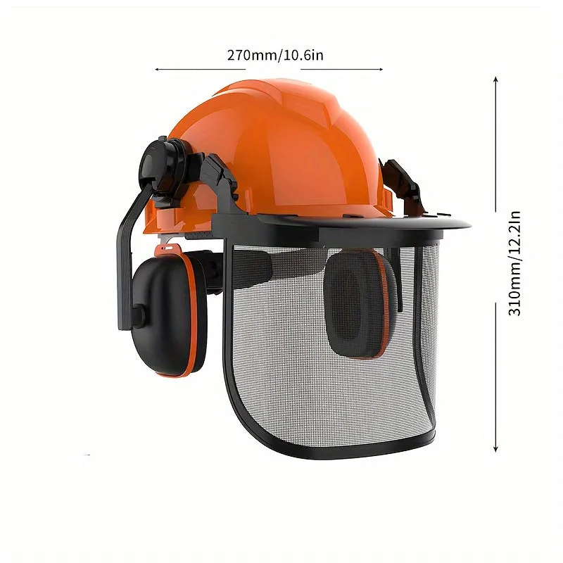 Industrial Forestry Safety Helmet And Hearing Protection System, With Mesh Face Protection, Safety Helmet With Ear Muffs, Chainsaw Helmet, Chainsaw Face Shield, Arborist Helmet, (Orange)