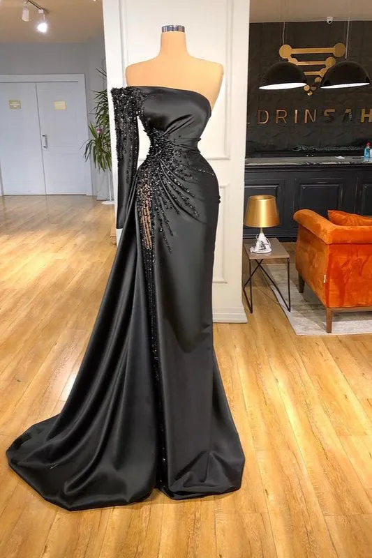 kamahe Glamorous Black Long Sleeve One Shoulder Prom Dress Beadings Evening Gowns