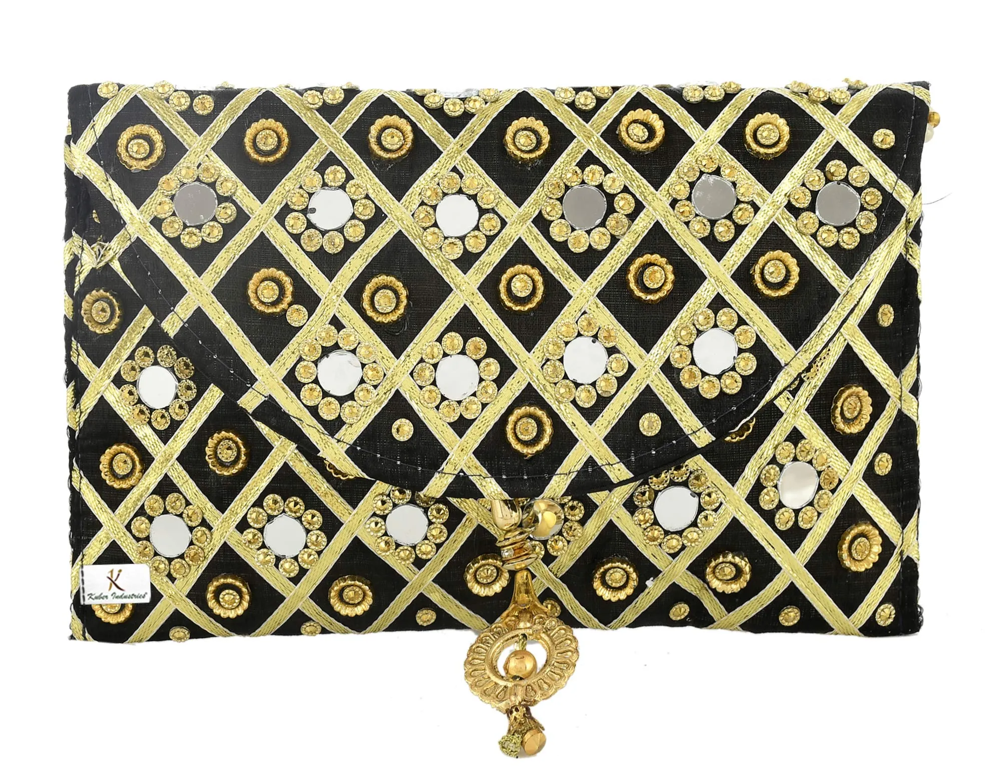 Kuber Industries 2 Pieces Silk Traditional Mirror Work Envelope Clutch Bag Purse Handbag for Bridal, Casual, Party, Wedding (Blue & Black)-KUBMART11472