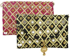 Kuber Industries 2 Pieces Silk Traditional Mirror Work Envelope Clutch Bag Purse Handbag for Bridal, Casual, Party, Wedding (Blue & Gold)-KUBMART11470