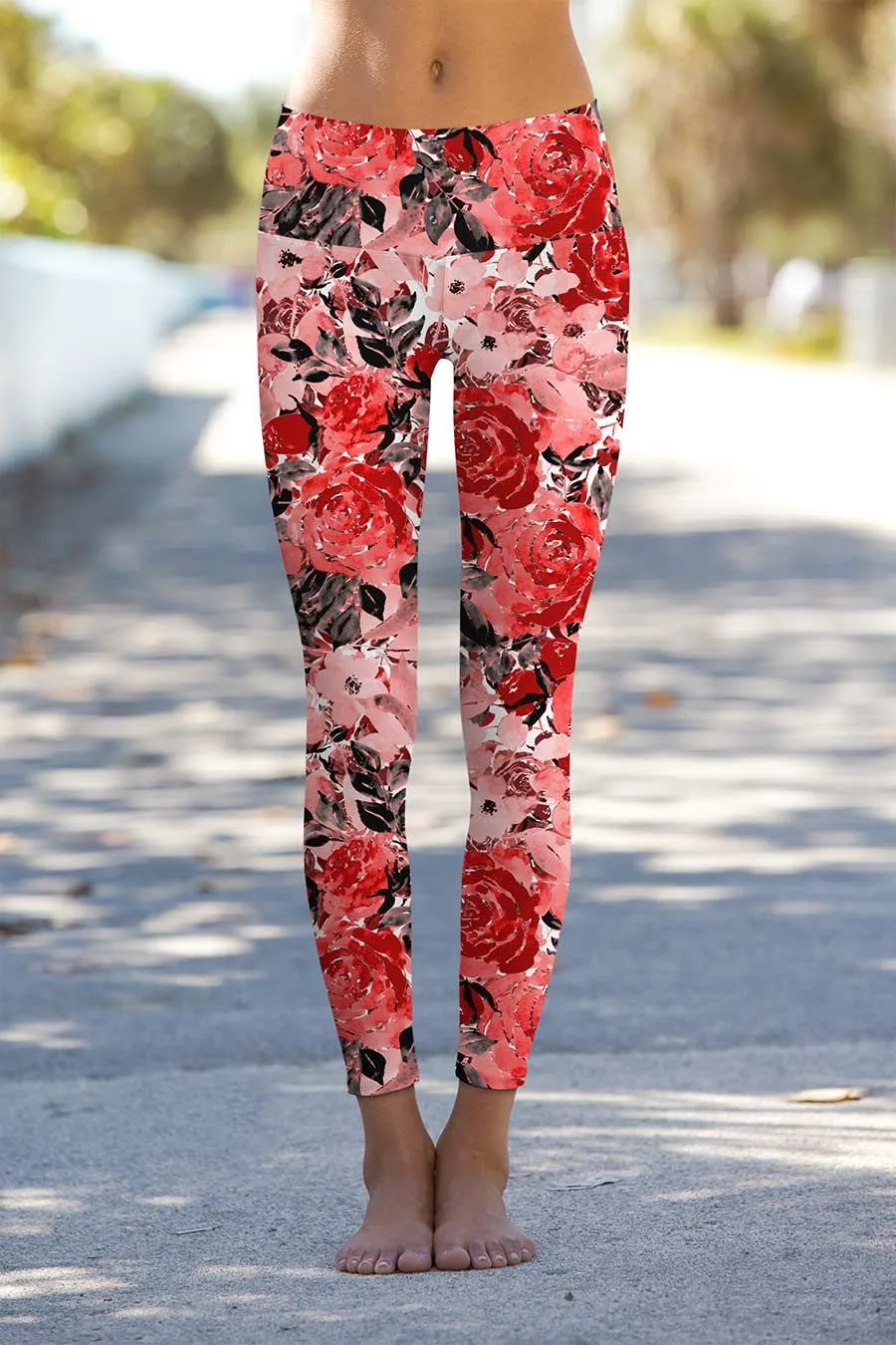 La Fleur Lucy Red Floral Printed Leggings Yoga Pants - Women