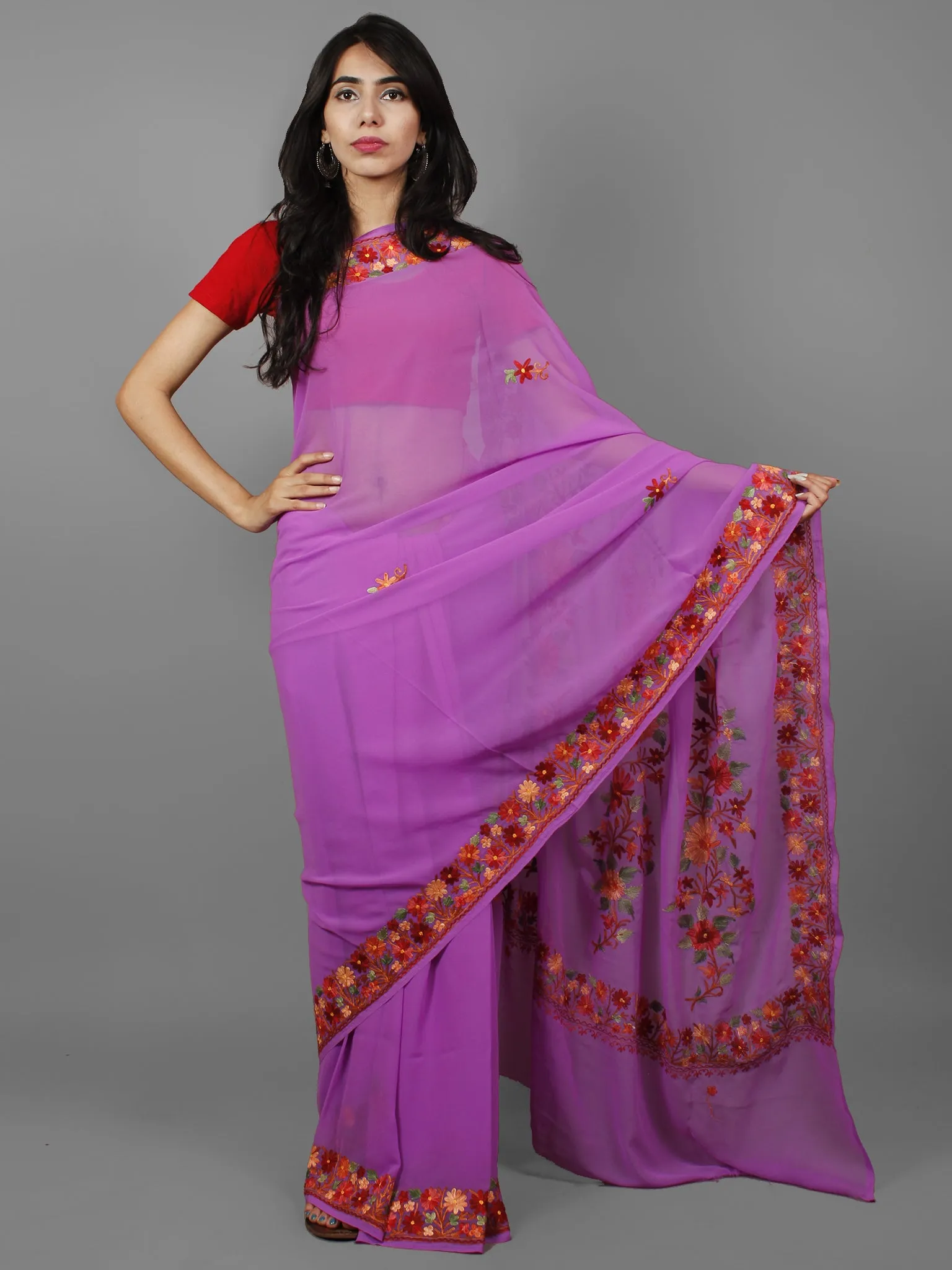 Lavender Green Yellow Red Aari Embroidered Georgette Saree From Kashmir  - S031702159