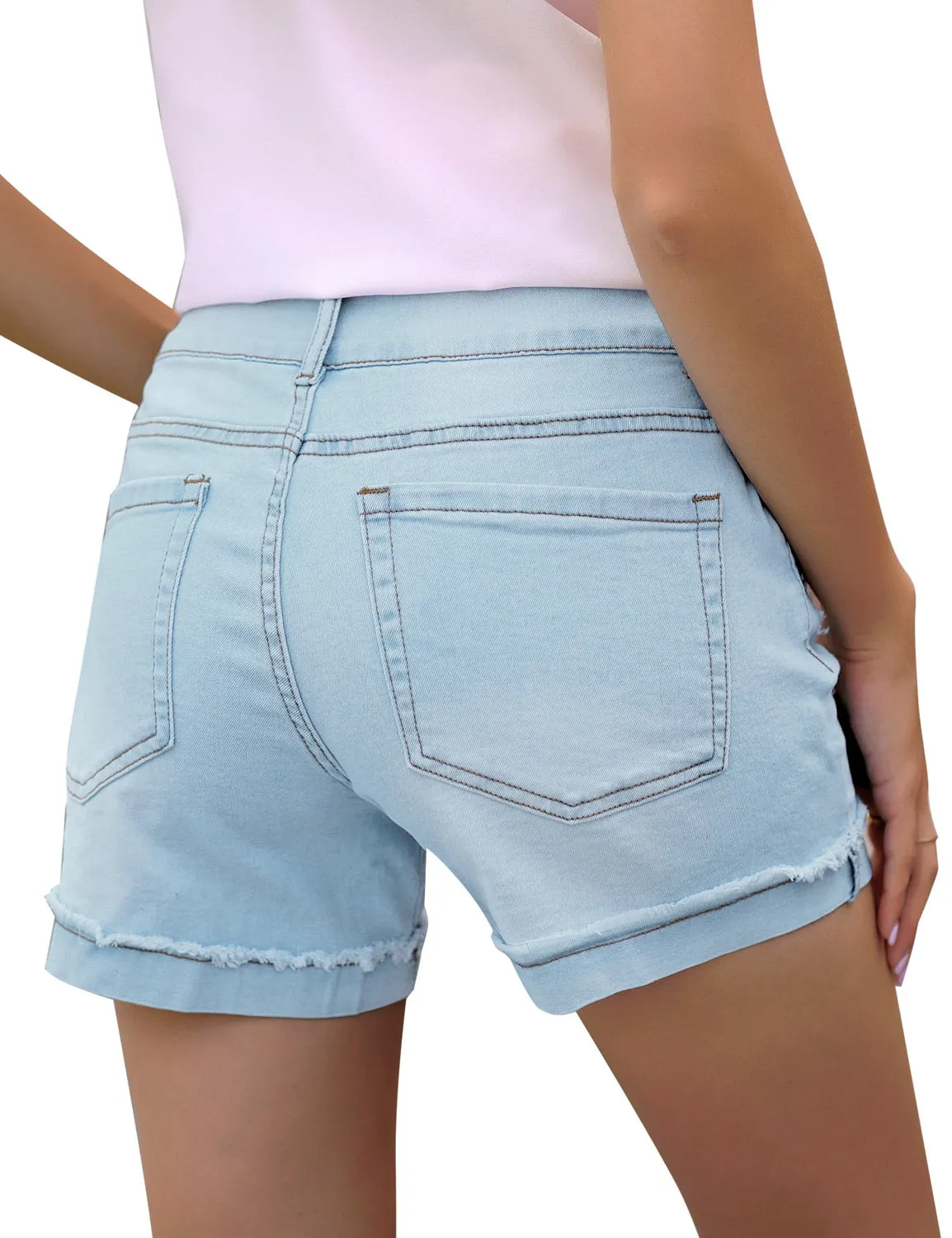 Light Blue High Waist Folded Raw Hem Distressed Triple Button Denim Shorts