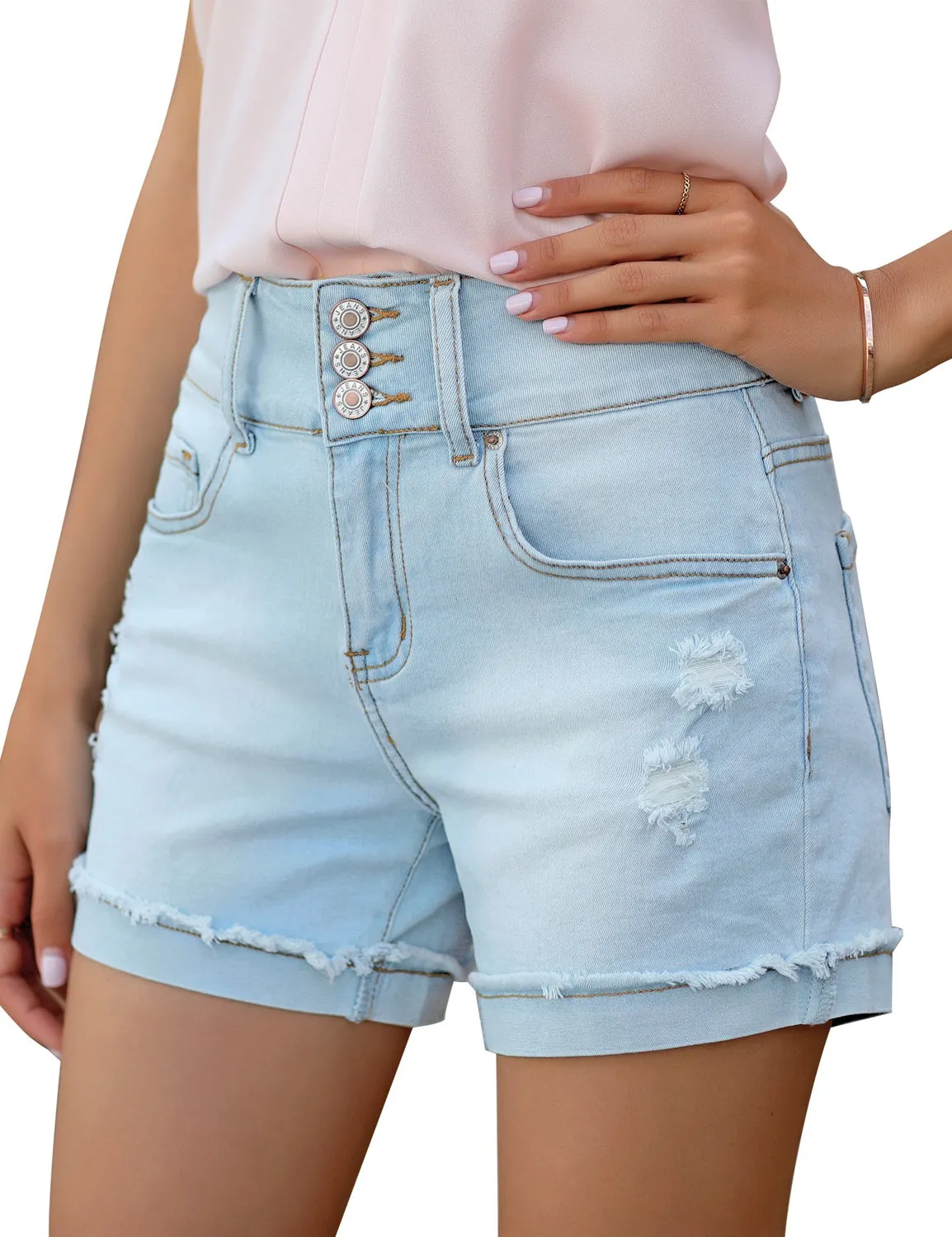 Light Blue High Waist Folded Raw Hem Distressed Triple Button Denim Shorts