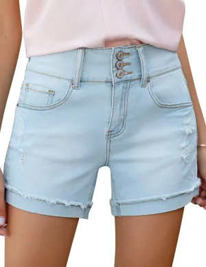 Light Blue High Waist Folded Raw Hem Distressed Triple Button Denim Shorts