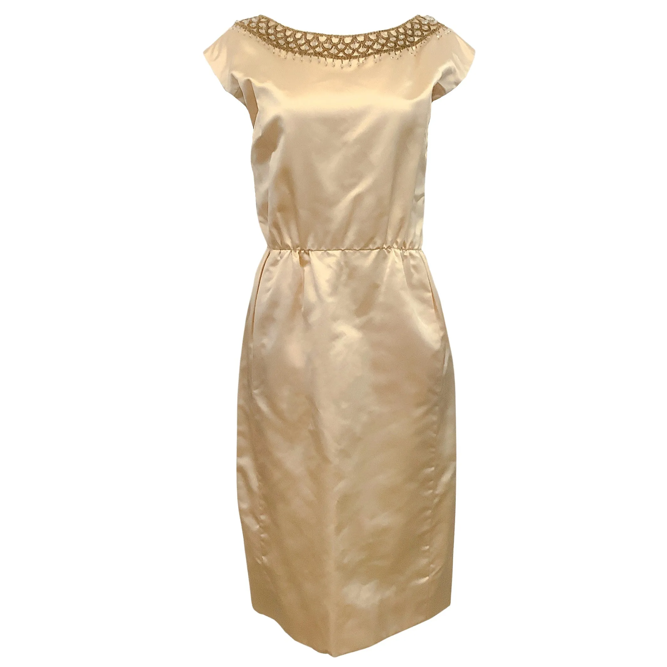 Lillie Rubin Champagne Silk Vintage Dress with Beaded Neckline