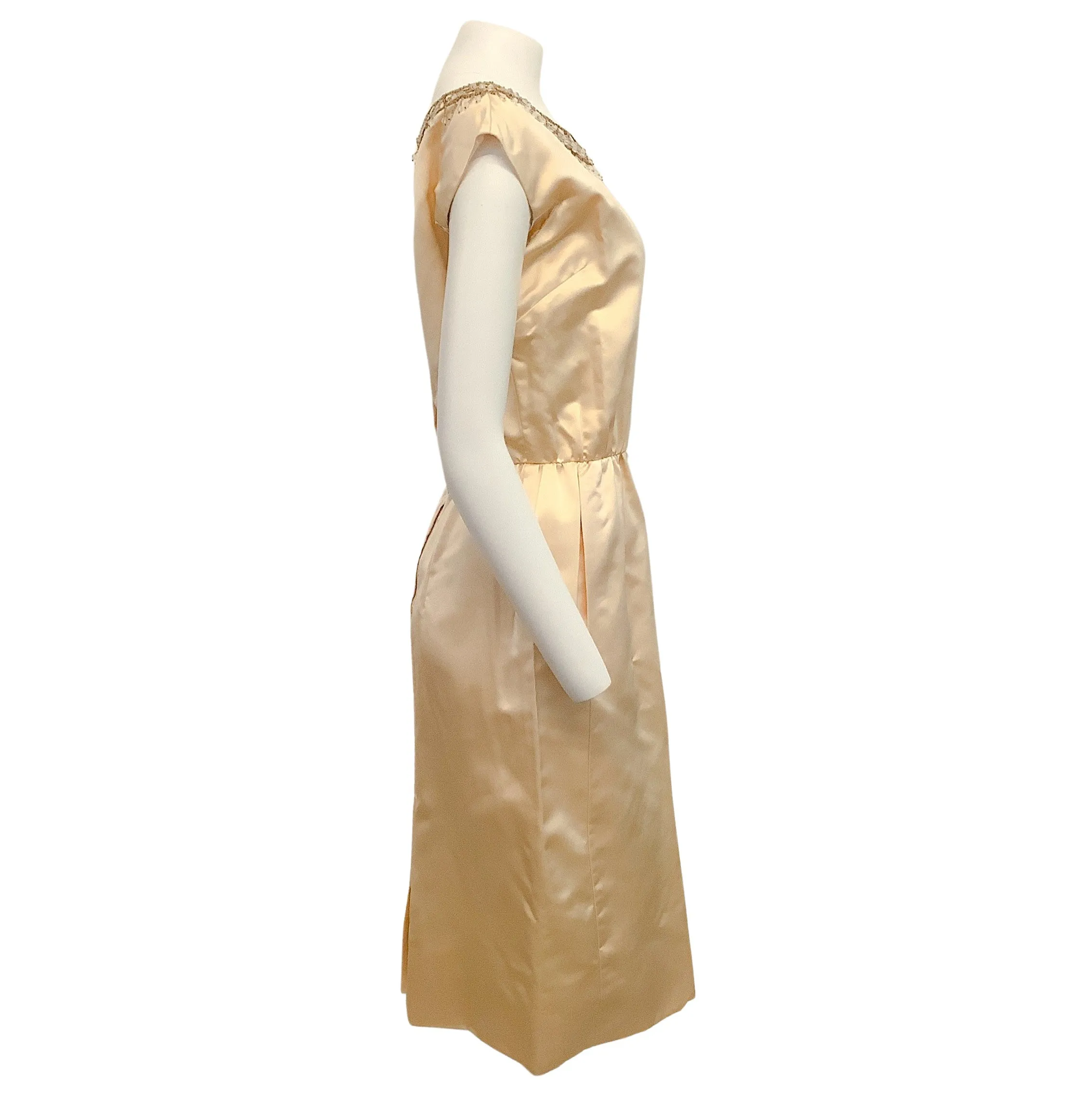 Lillie Rubin Champagne Silk Vintage Dress with Beaded Neckline