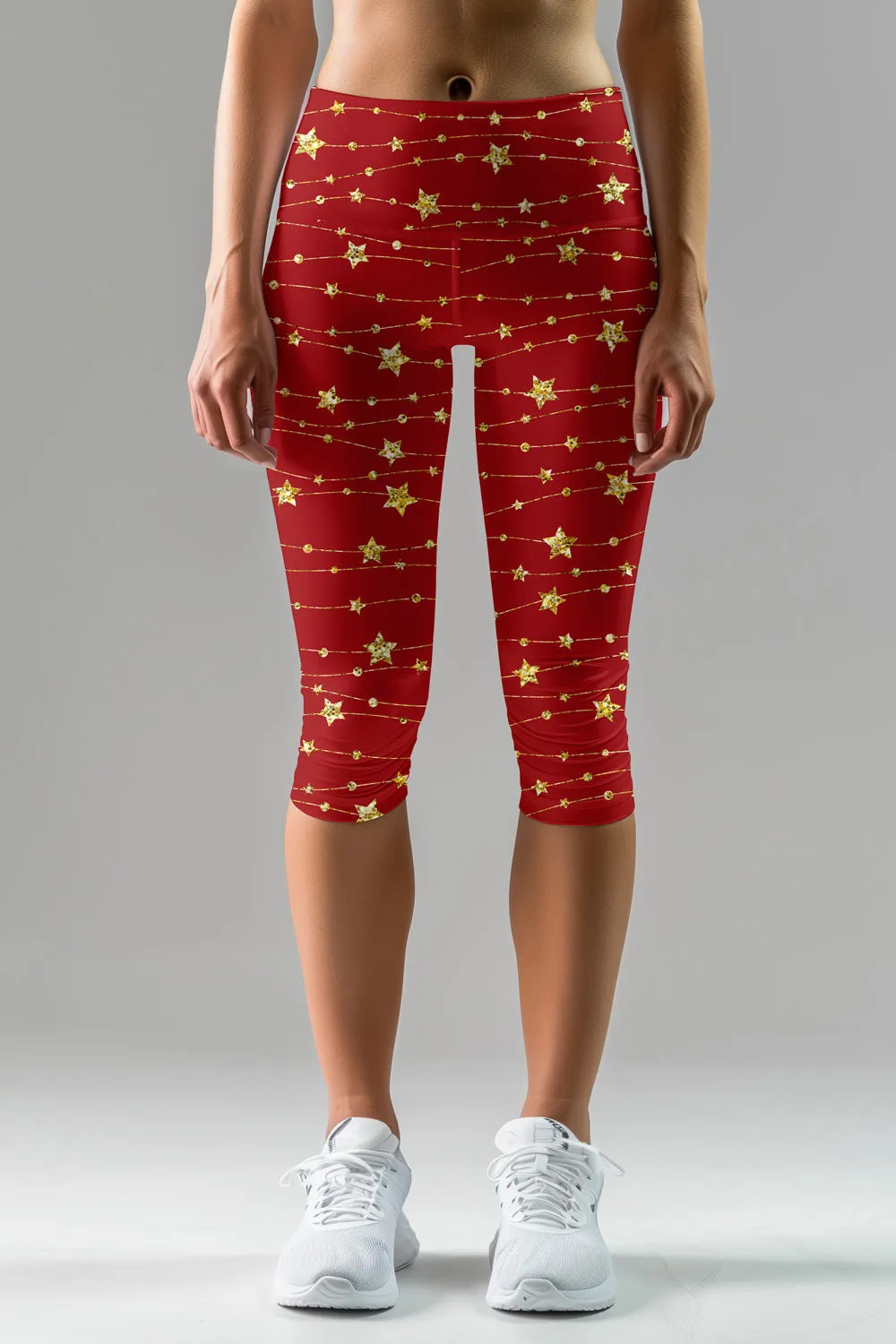 Luxe-Berry Ellie Red Star Print Christmas Yoga Capri Leggings - Women