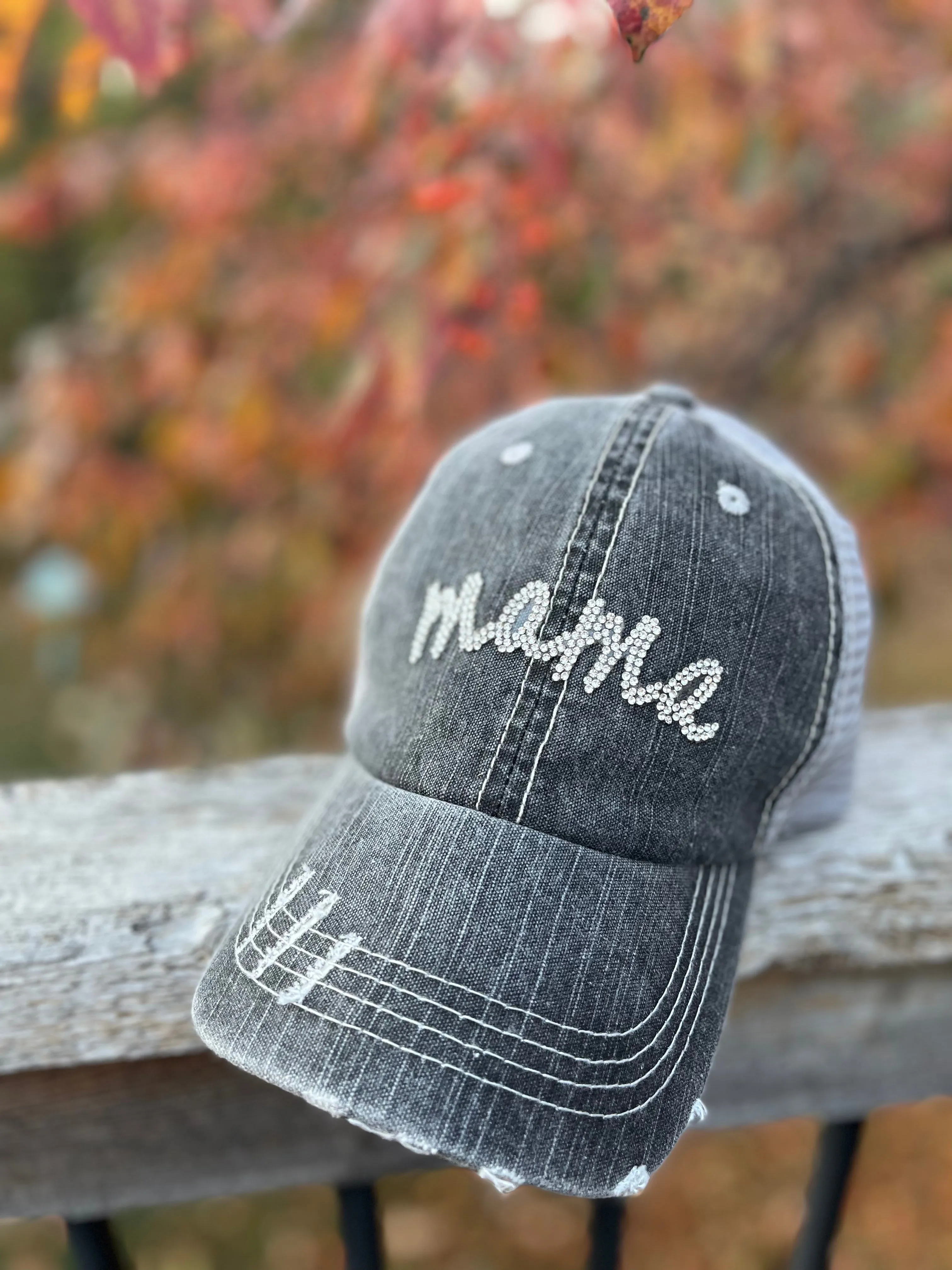 Mama hat Bling rhinestones trucker hat Gray distressed womens gift Mom Momma