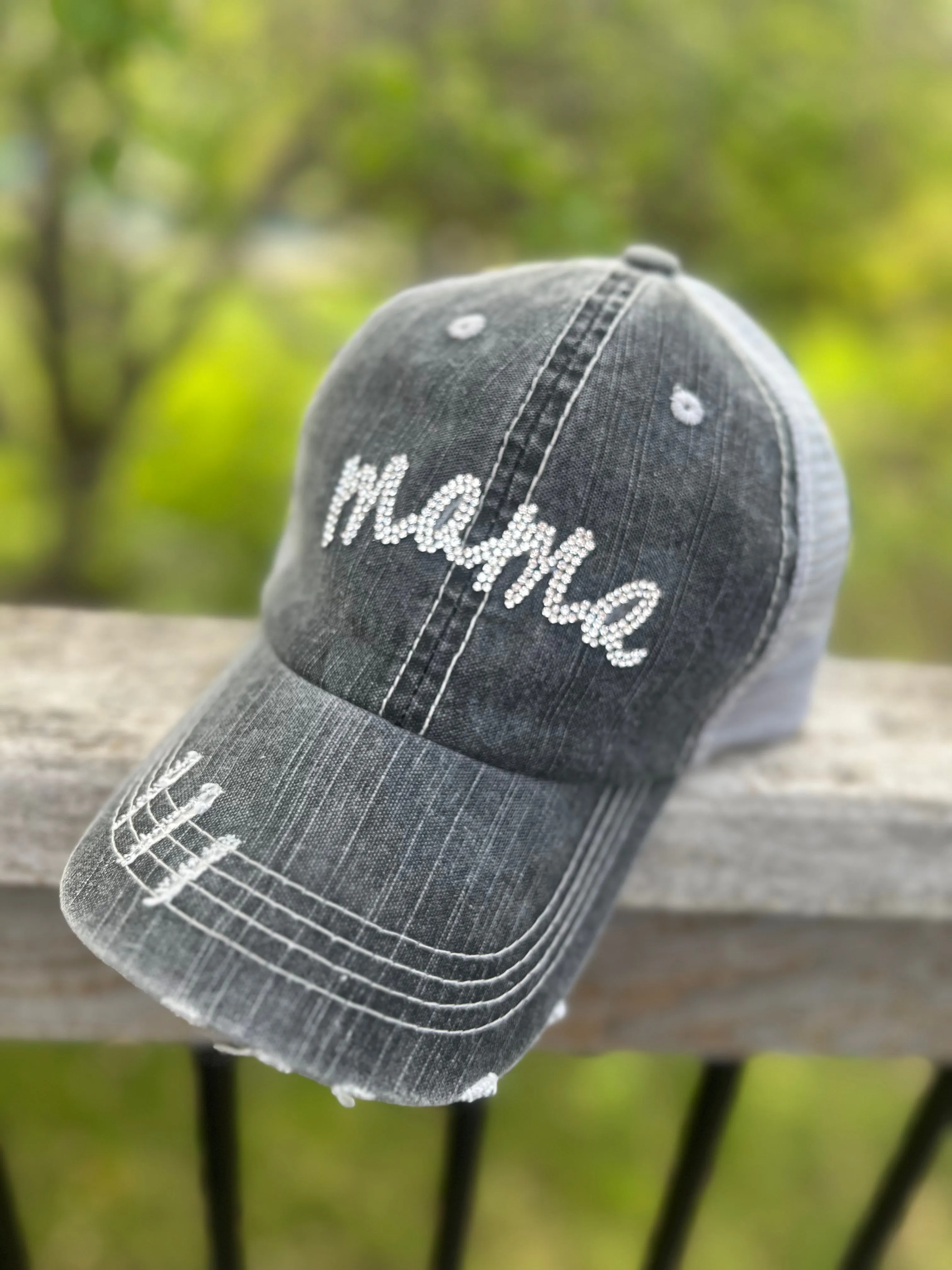 Mama hat Bling rhinestones trucker hat Gray distressed womens gift Mom Momma