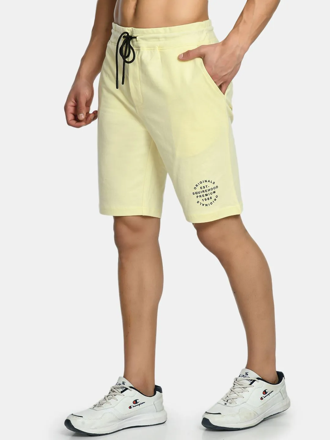 Men's Yellow Mid Rise Solid Knit Shorts