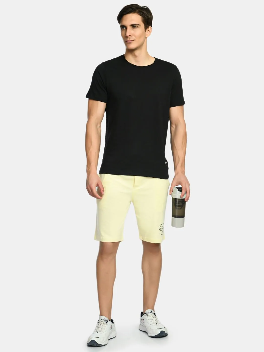 Men's Yellow Mid Rise Solid Knit Shorts