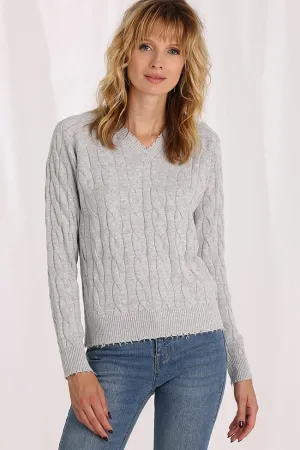 Minnie Rose Cotton Cable Long Sleeve V Neck with Frayed Edges Grey Shadow