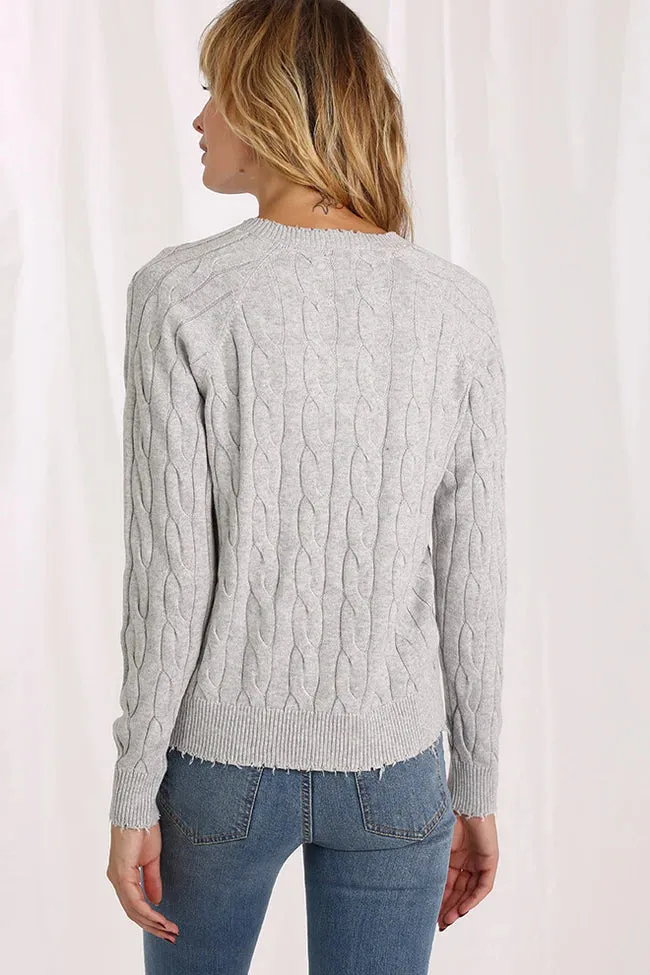 Minnie Rose Cotton Cable Long Sleeve V Neck with Frayed Edges Grey Shadow