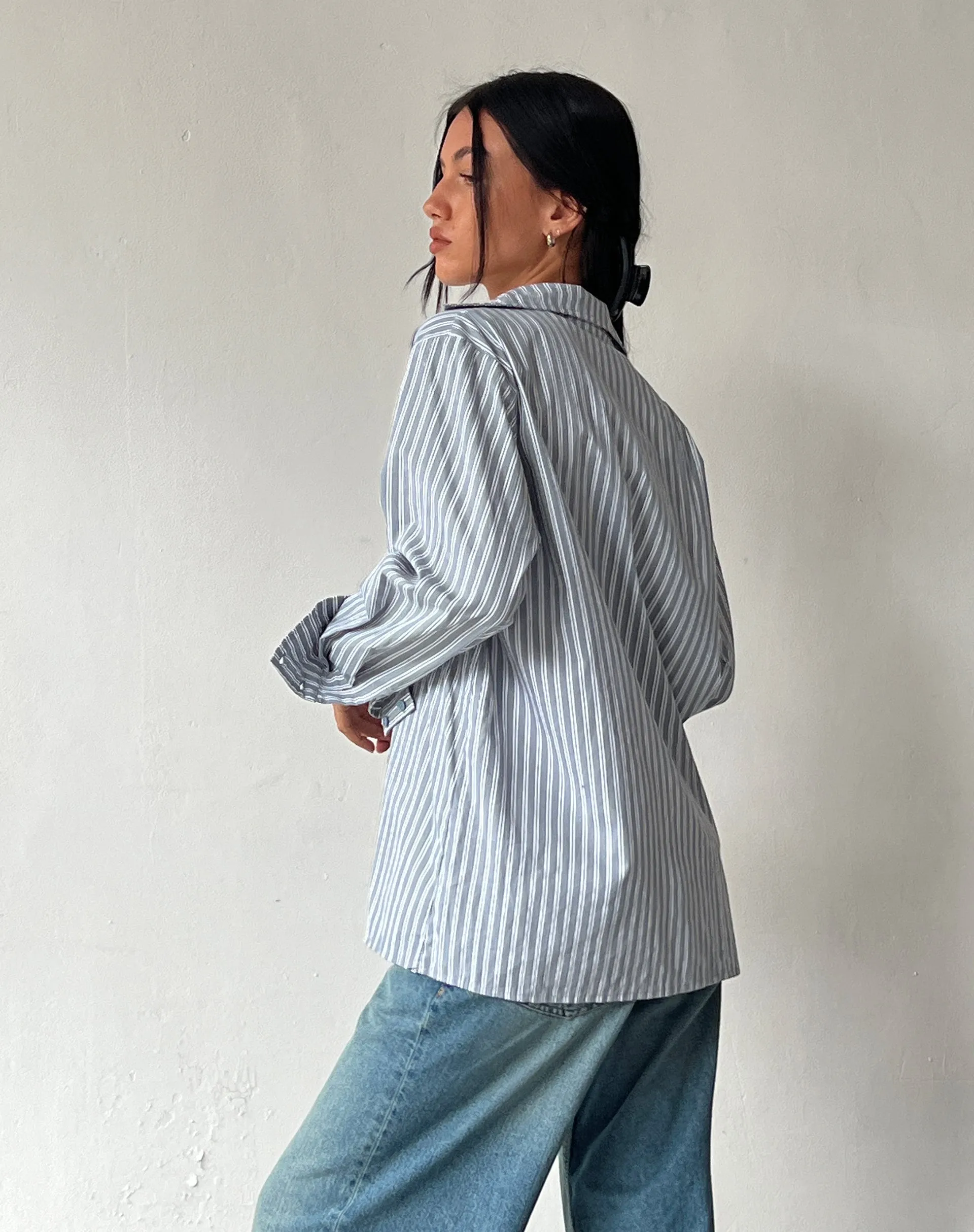 MOTEL X JACQUIE Turner Shirt in Grey and White Stripe with M Embroidery