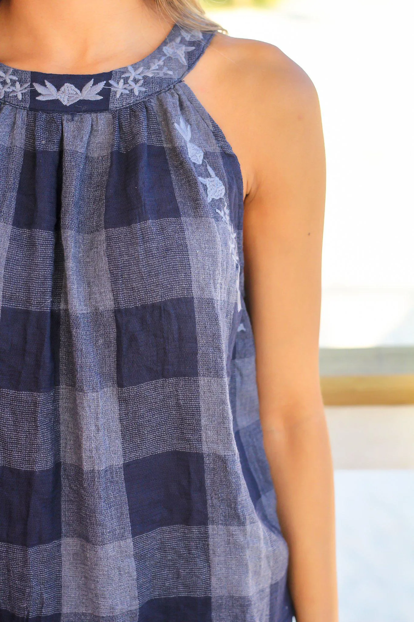 Navy Checkered Top with Embroidery