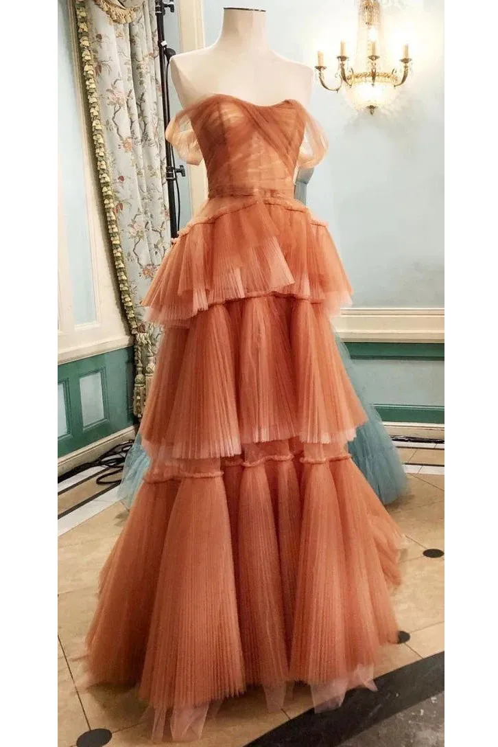 Off the Shoulder Tulle Tiered Long Prom Dress,  A Line Evening Gown