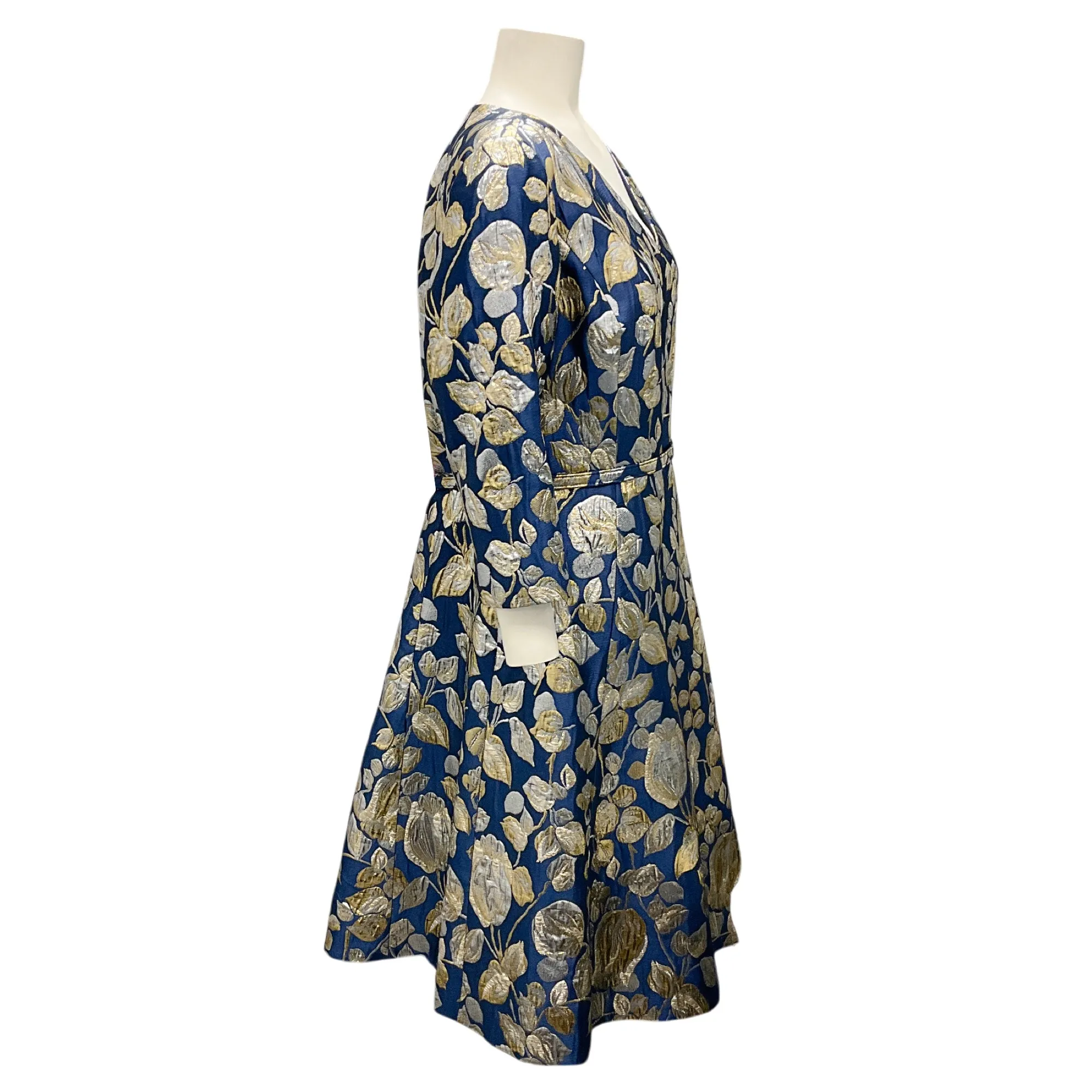 Oscar de la Renta Blue / Silver / Gold Metallic 2016 Belted Jacquard Dress