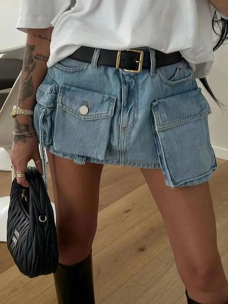 Patchwork Belt Skirts For Women High Waist Spliced Pocket Casual A Line Summer Solid Skirt Female Fashion