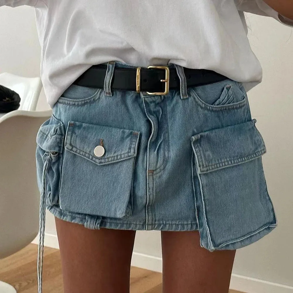 Patchwork Belt Skirts For Women High Waist Spliced Pocket Casual A Line Summer Solid Skirt Female Fashion