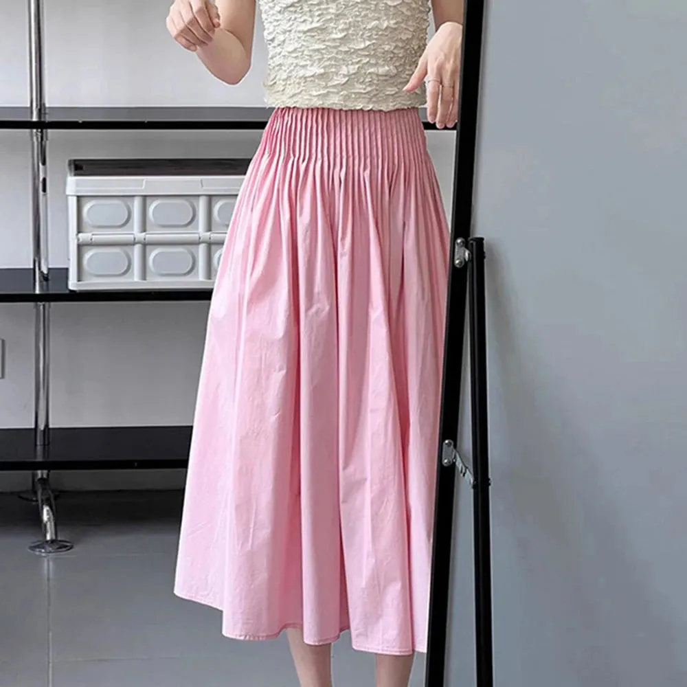 Patchwork Pleated Skirts For Women High Waist Solid Casual Loose A Line Skirt Spring Female Fashion Clothing